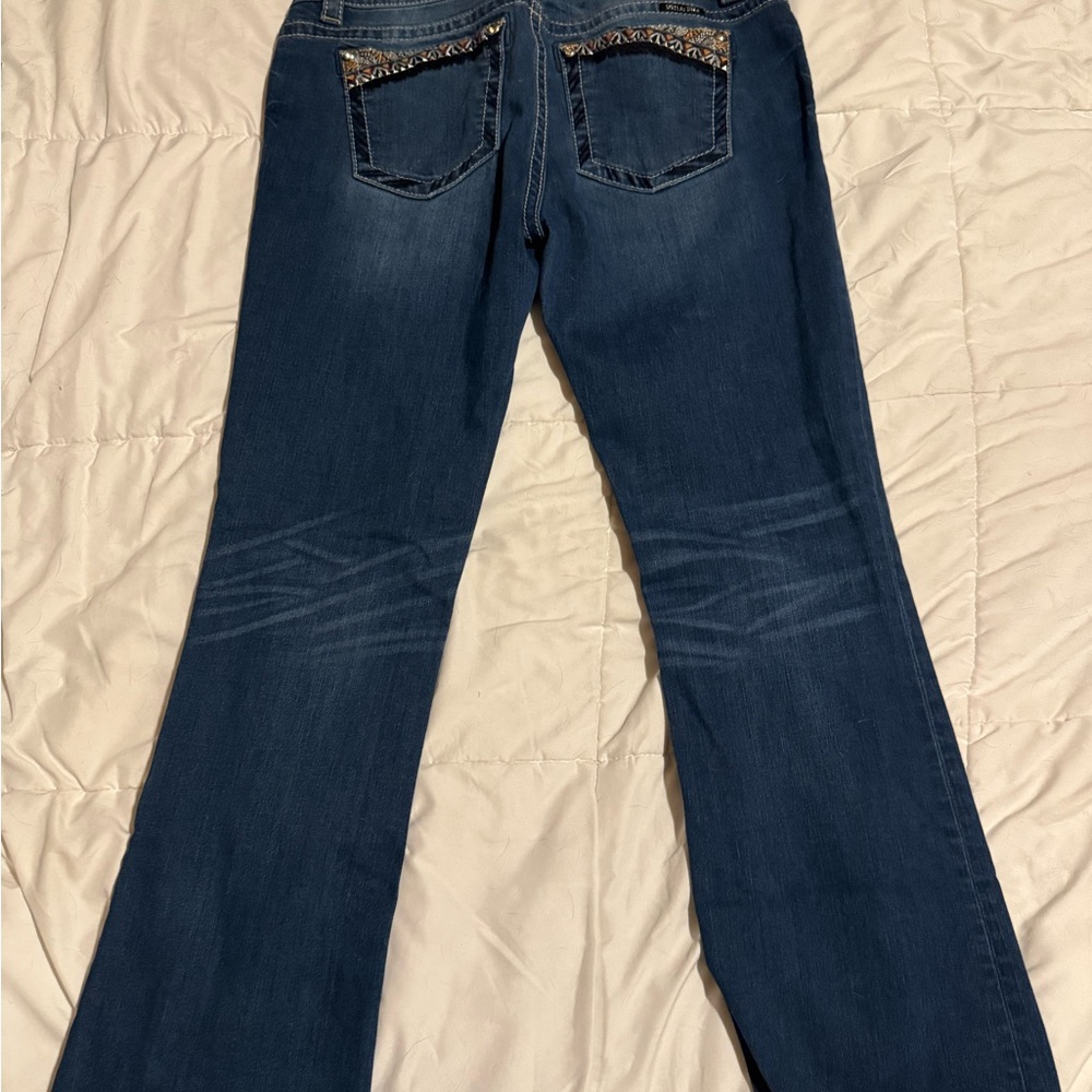 Miss Me Dark Blue Boot Cut Jeans with Embellished Pockets